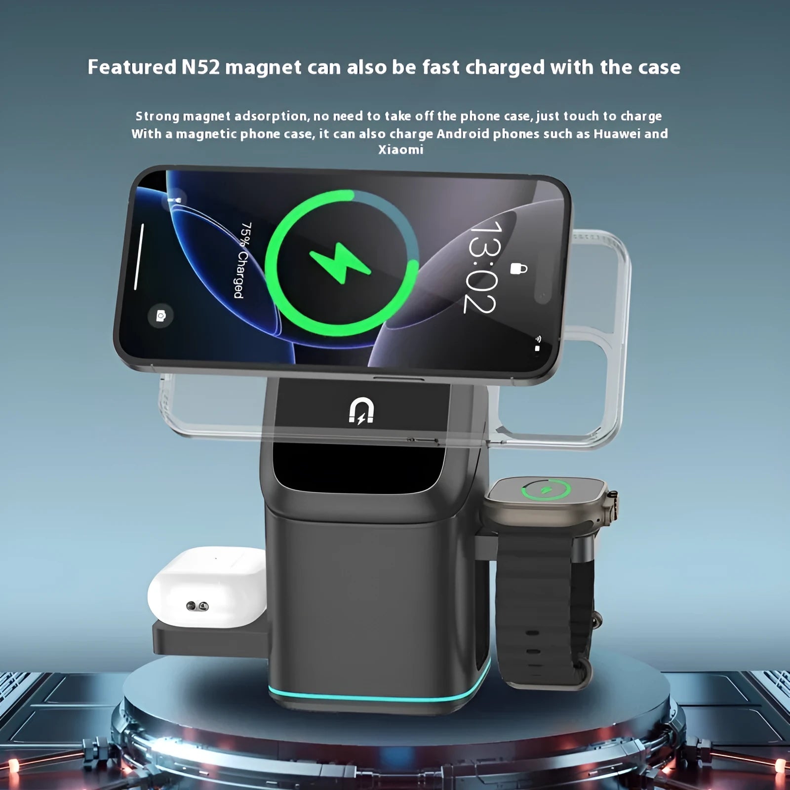 Black mobile phone magnetic wireless charging stand on a desk, showing its 180-degree rotation feature.