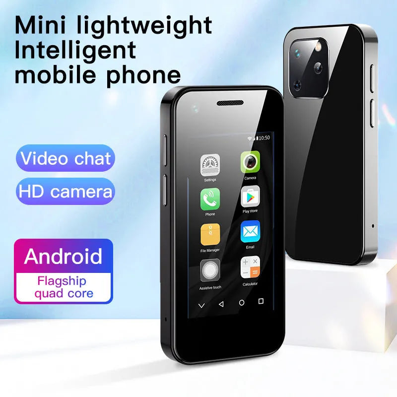 Ultra-small Android smartphone with 2.5-inch screen in Phantom Night Black colour showing compact 84mm height