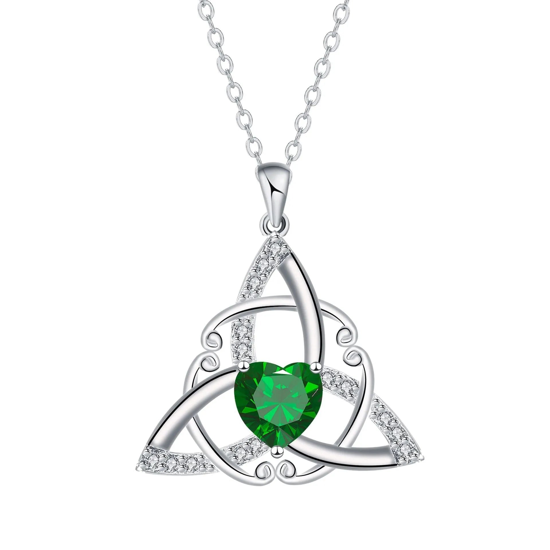 Geometric Celtic knot pendant necklace for women in a choice of blue, lvzuan, red diamond, or white diamond finish.