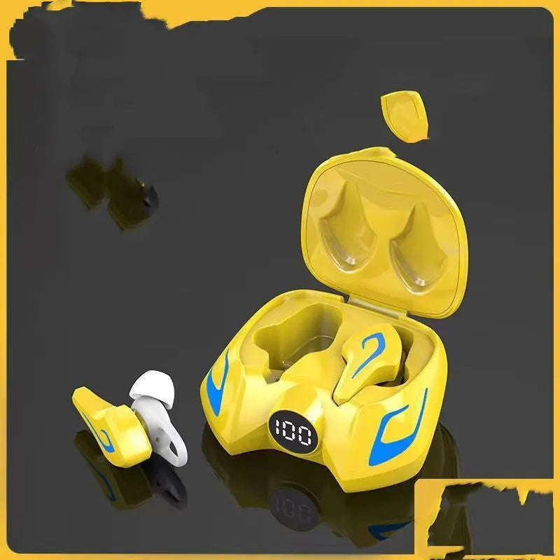 Colourful wireless gaming Bluetooth earbuds in black, grey, or yellow.