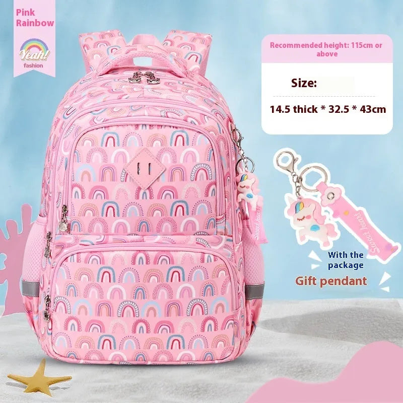 Blue dinosaur print waterproof Oxford cloth children's school backpack with curved shoulder straps.