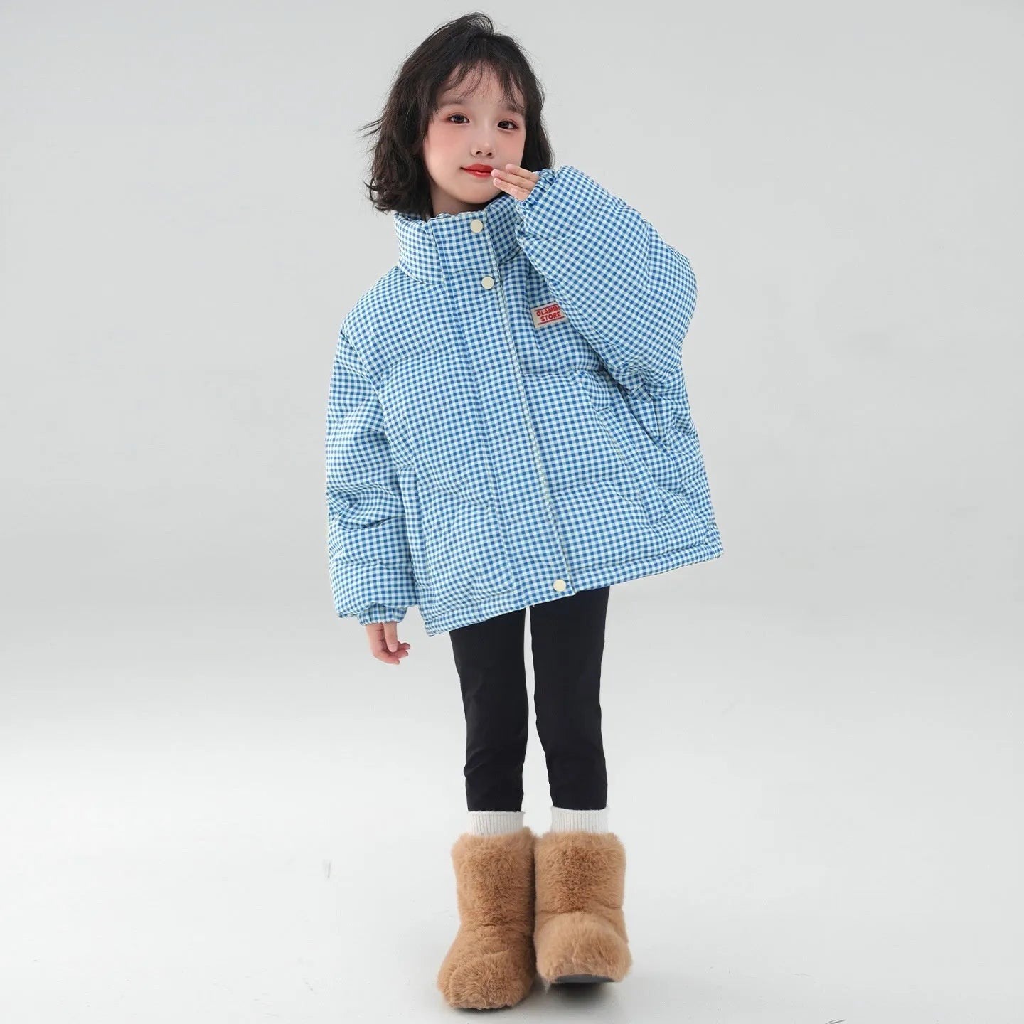 Blue solid pattern hooded cotton coat jacket with zipper closure on child suitable for heights 120-170cm