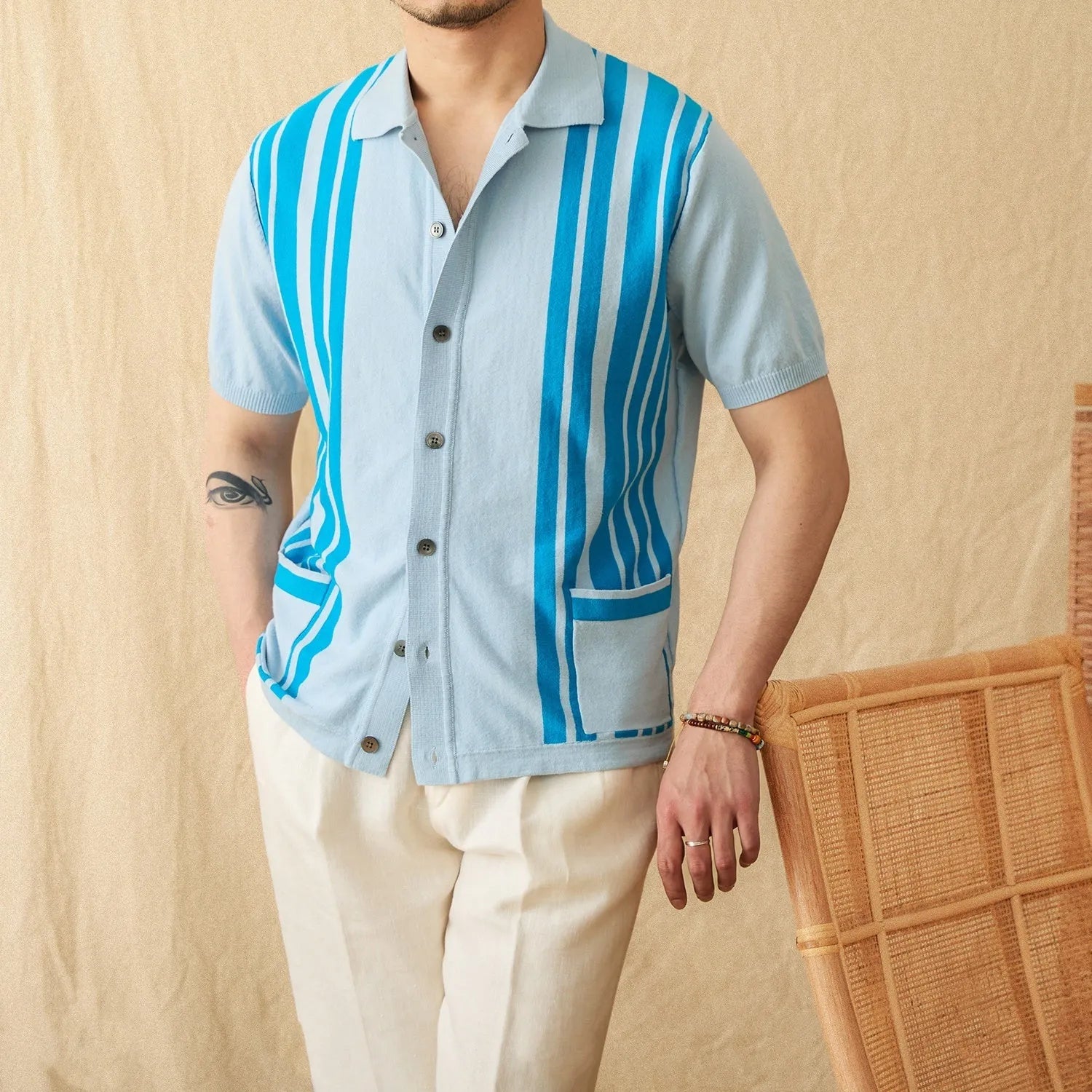 Men's thin striped short-sleeve cardigan polo shirt with a lapel collar, shown in light blue.