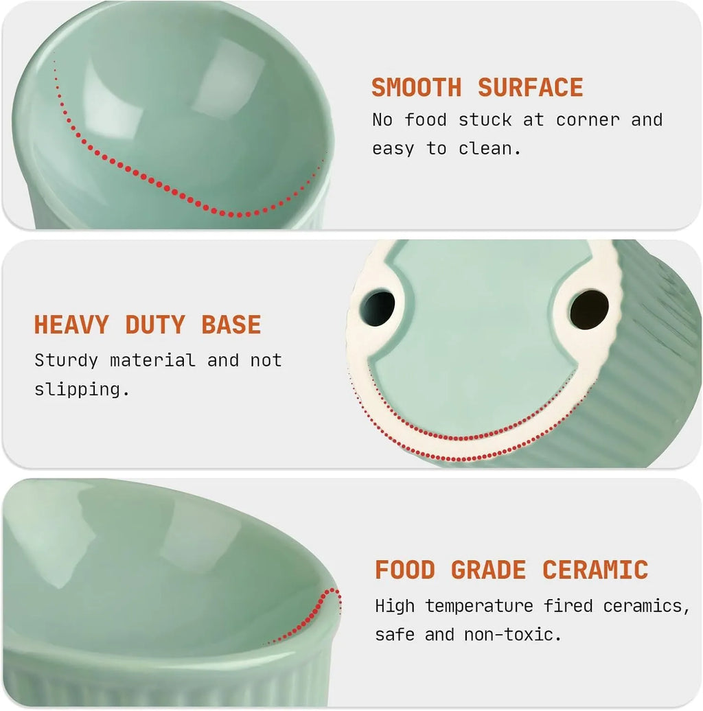 A dark green ceramic elevated cat bowl with a tilted, round shape.
