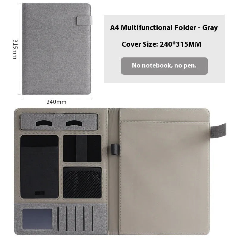 Leather A4 business folder in black colour showing pen holder and notepad configuration