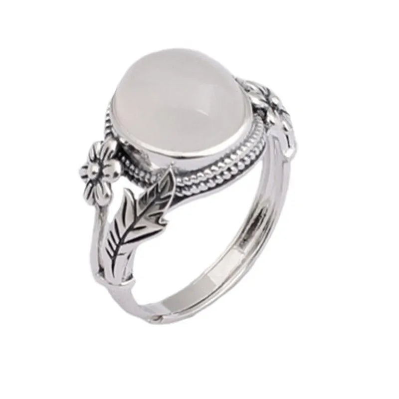 Adjustable copper vintage ring with antique finish and white chalcedony appearance