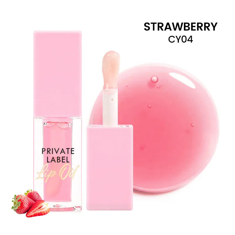 Transparent lip gloss tube showing six fruit shade options including cherry and watermelon