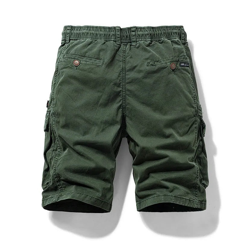 Men's army green cotton shorts with zip and multiple pockets, knee-length Korean style.