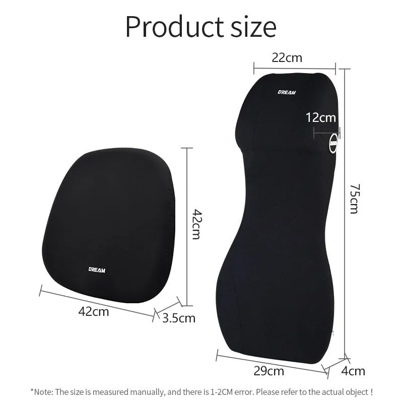 Black automotive memory foam headrest and lumbar cushion combined in one piece on a car seat.