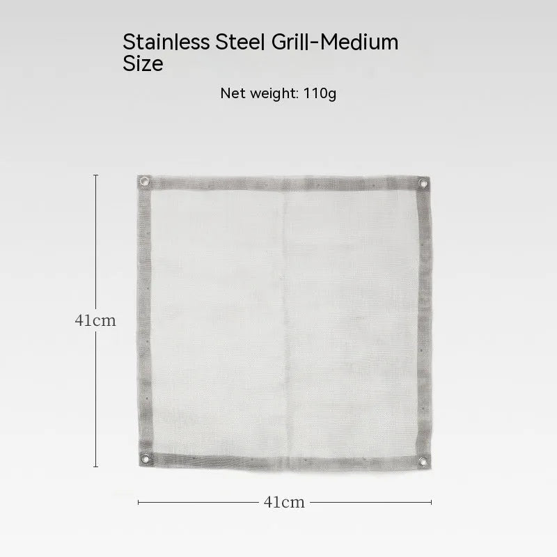 Silver stainless steel barbecue grill set with a fitted grill net, shown in medium and large size options.