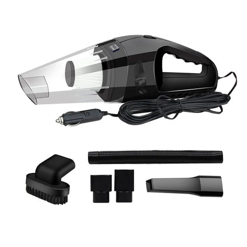 12V handheld car vacuum cleaner in orange, black, or blue with multiple nozzles and a long power cable.