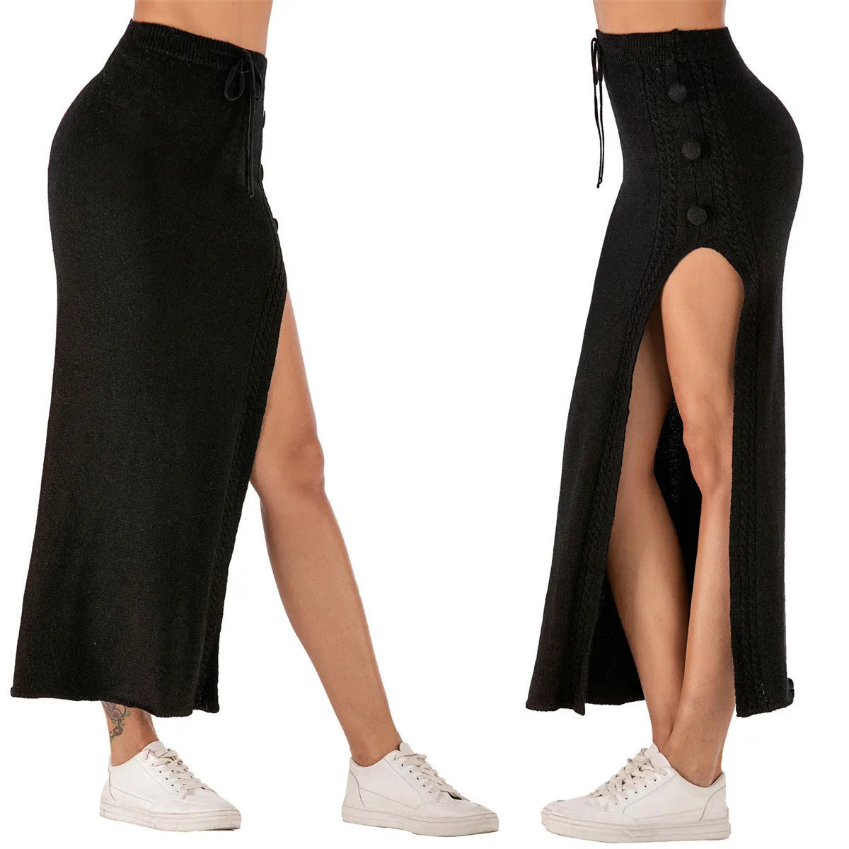 Women's slim-fit mid-length acrylic skirt with side split and straps in black, pink, or grey colours