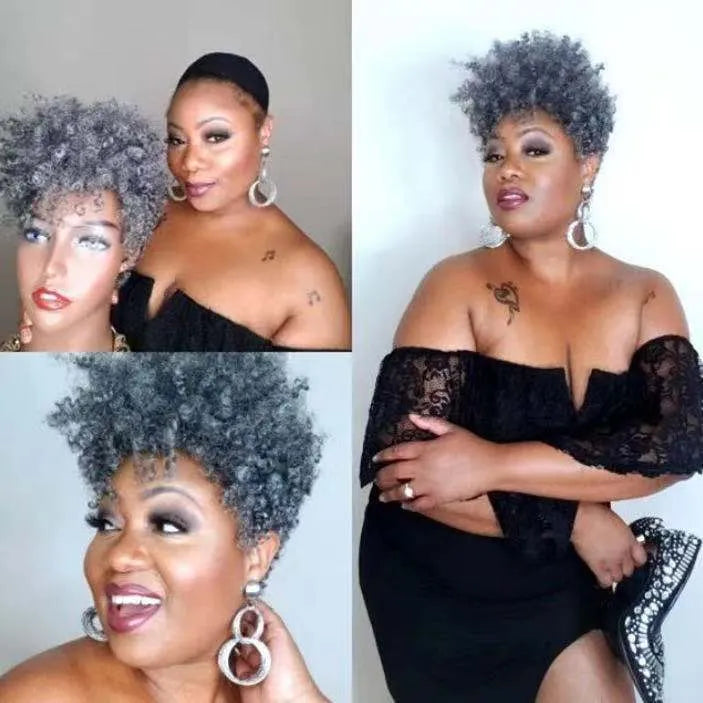 Women's short synthetic wig with simple rolls styling in exotic design showing Kanekalon fibre construction
