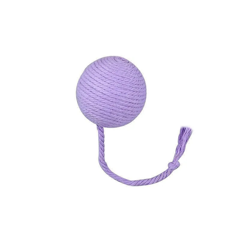 Colourful cat toy ball with rope handle and internal bell in 6cm or 3cm sizes