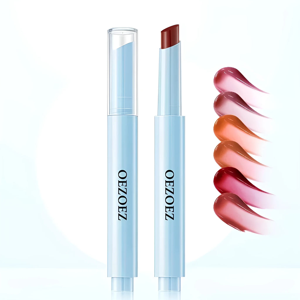 Waterproof moisturising lipstick in a case, showing one of six available colour shades.