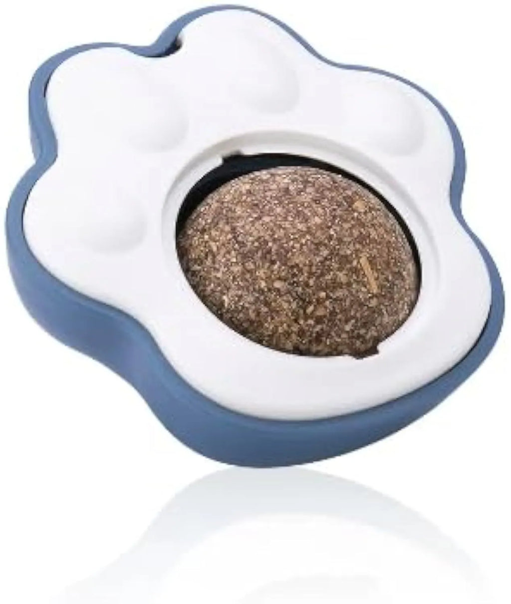 Blue plush catnip mouse toy with edible lick surface for dental health, shown next to a green and pink version.