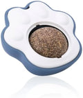 Blue plush catnip mouse toy with edible lick surface for dental health, shown next to a green and pink version.