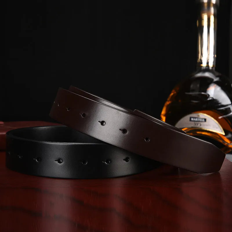 Men's headless buckle belt made from first layer cowhide leather in Coffee colour on white background