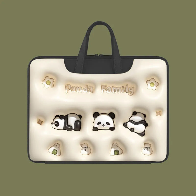 PU leather inflatable laptop bag with cartoon design, shown hanging from a suitcase handle.