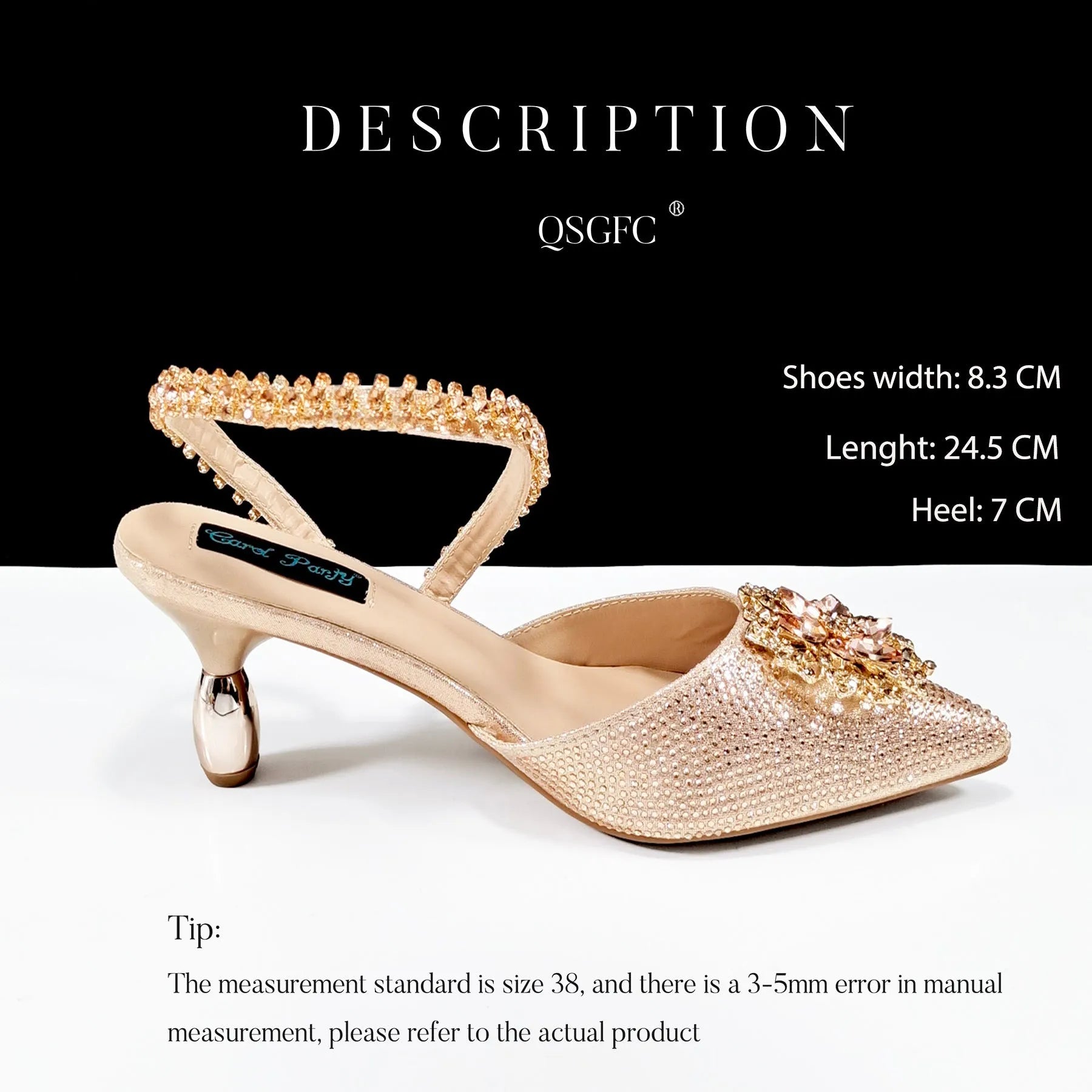 Women's black synthetic leather high-heel shoes with rhinestone ankle chain and matching hard clutch bag.