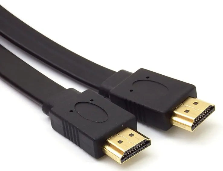 Flat high-speed HDMI cable with standard connectors on a white background.