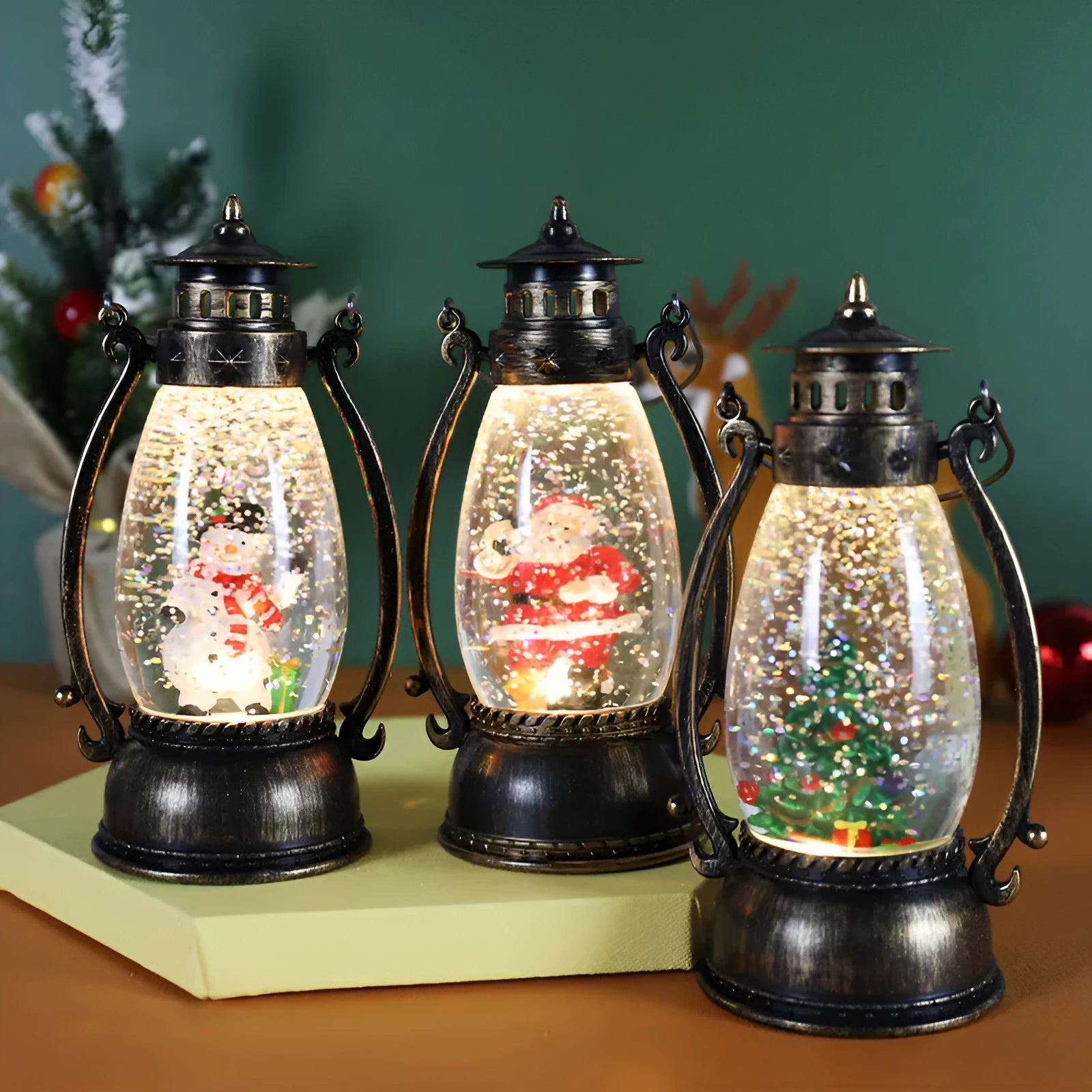 Plastic Christmas snow globe desktop decoration with glowing oil lamp and crystal ball design