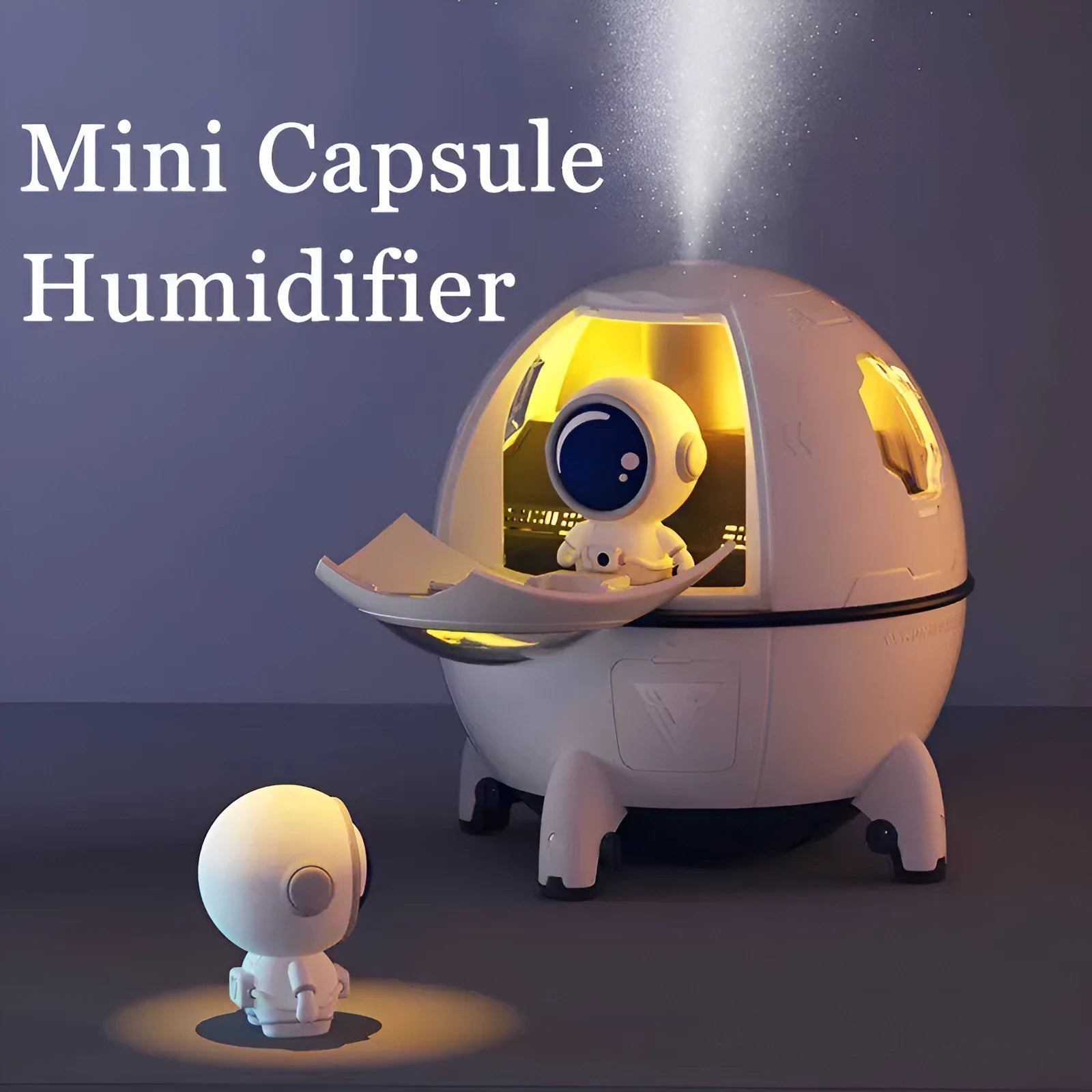 Purple astronaut-shaped USB desktop humidifier with LED light on wooden desk