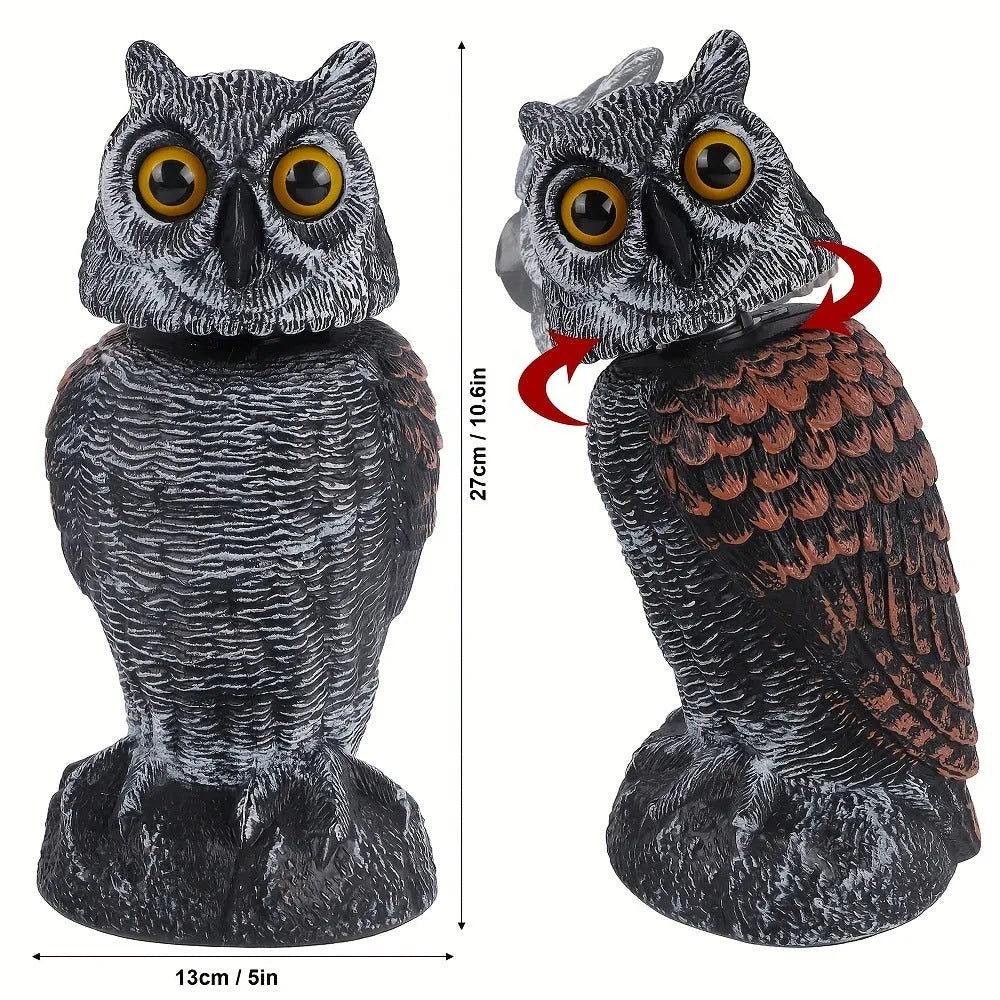 Artificial plastic owl bird scare ornament with moveable head for outdoor garden pest control
