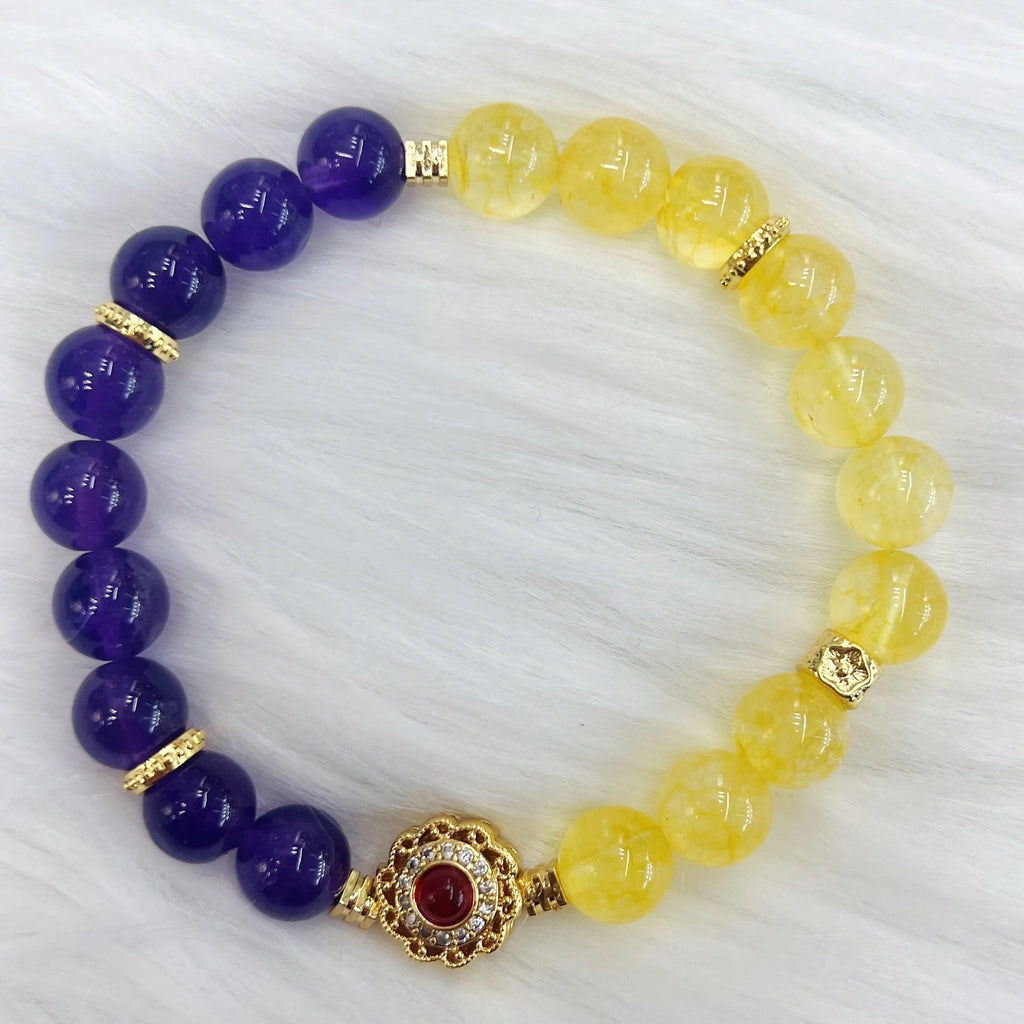 Handmade amethyst crystal bracelet with yellow and purple beads for women