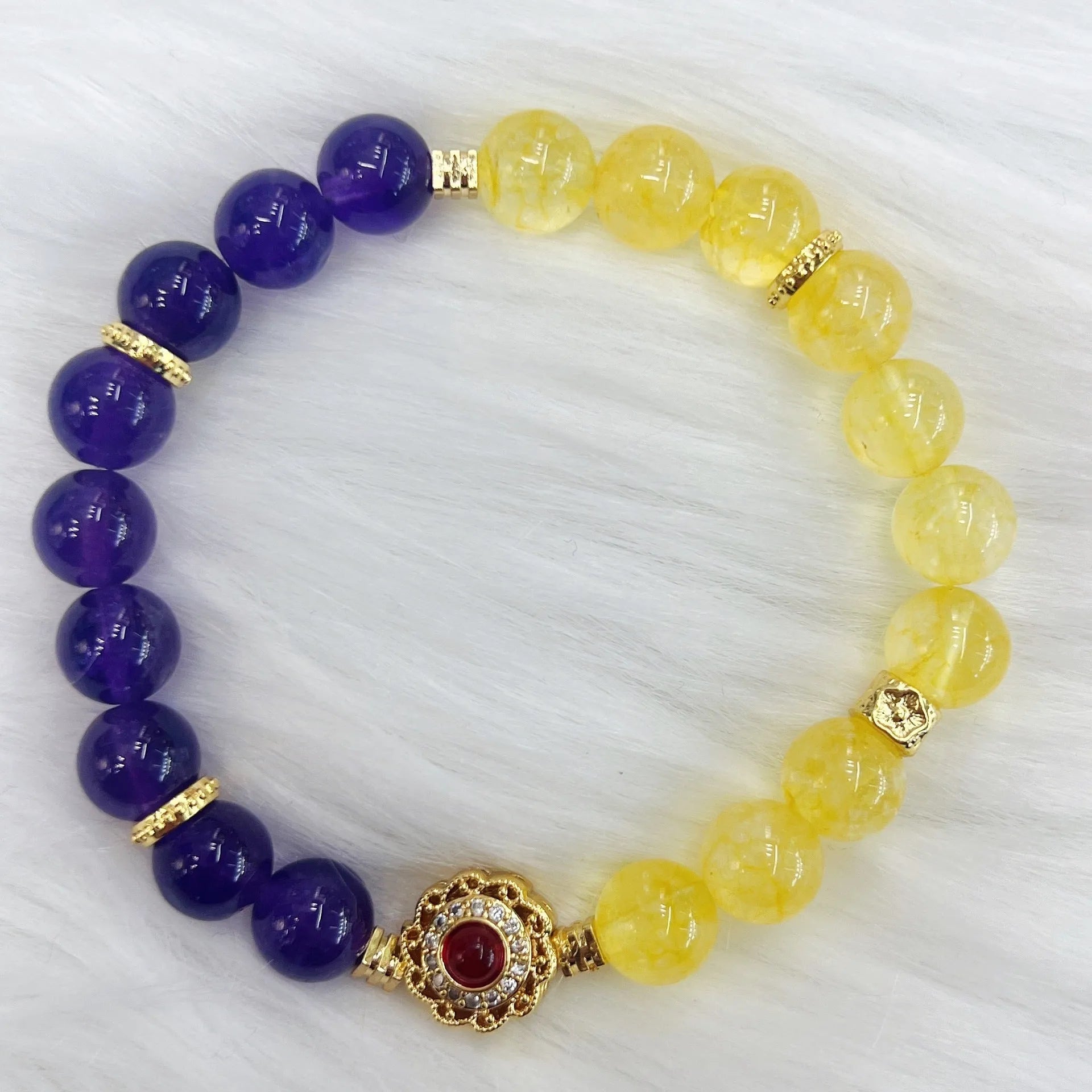 Handmade amethyst crystal bracelet with yellow and purple beads for women
