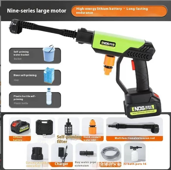 Green cordless high-pressure water gun with metal nozzle and accessories including battery and foam pot
