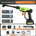 Green cordless high-pressure water gun with metal nozzle and accessories including battery and foam pot