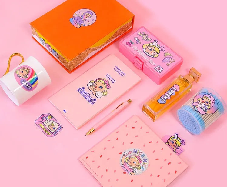 Square PVC cartoon sticker set with 16 stickers and storage box in comics style
