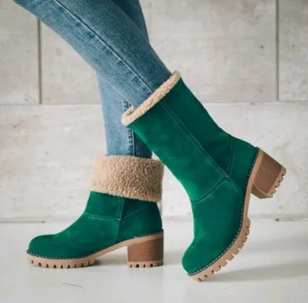 Women's suede mid-calf snow boots with a thick low heel and round toe in various colours.