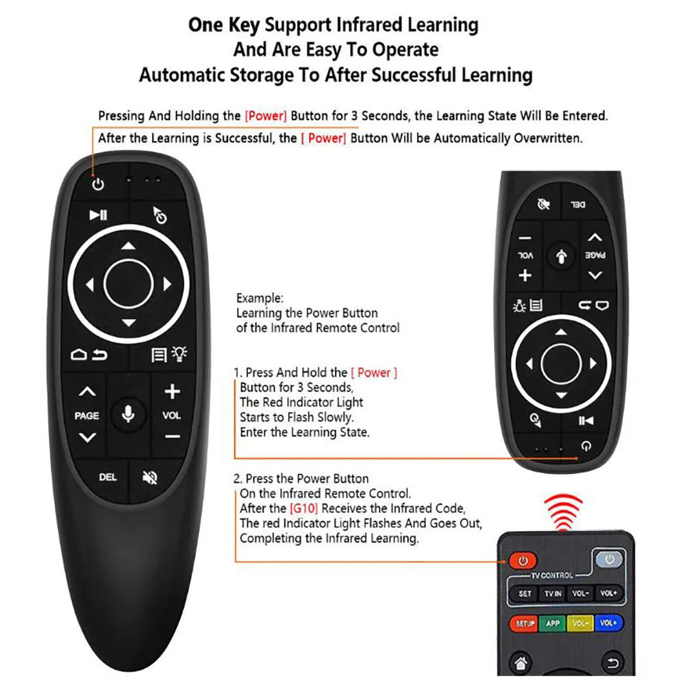G10 series intelligent voice remote control with silicone buttons and plastic housing showing three colour variants