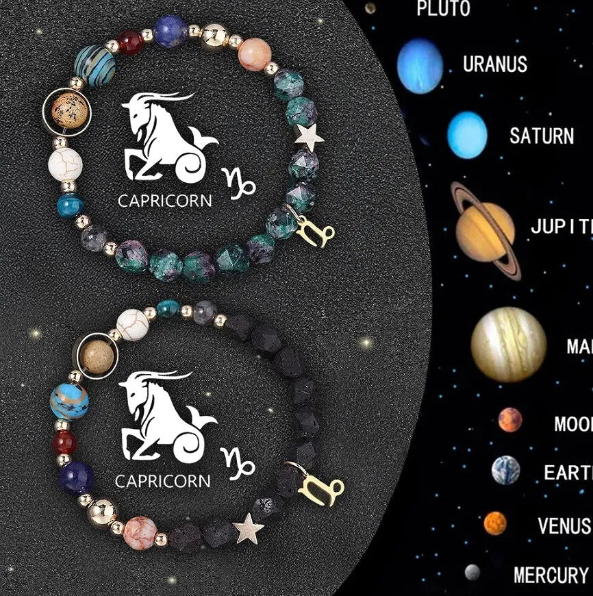 Set of twelve natural stone beaded bracelets with zodiac sign charm pendants on a white background.