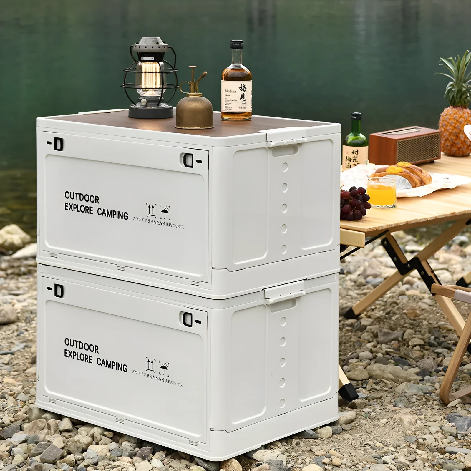 45-litre foldable plastic storage box in solid colour with wooden lid option