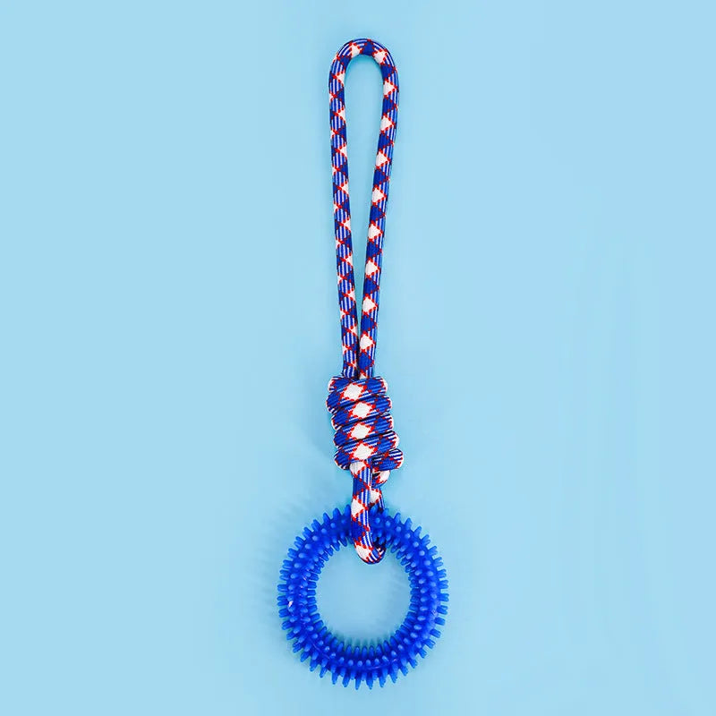 Braided rope dog toy with knot design in blue colour, 43 cm long chew toy for puppies