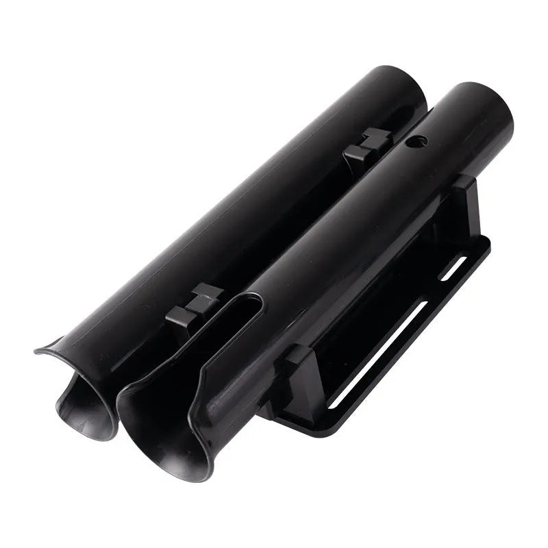 Plastic fishing rod rack with carbon finish mounted on a bicycle handlebar