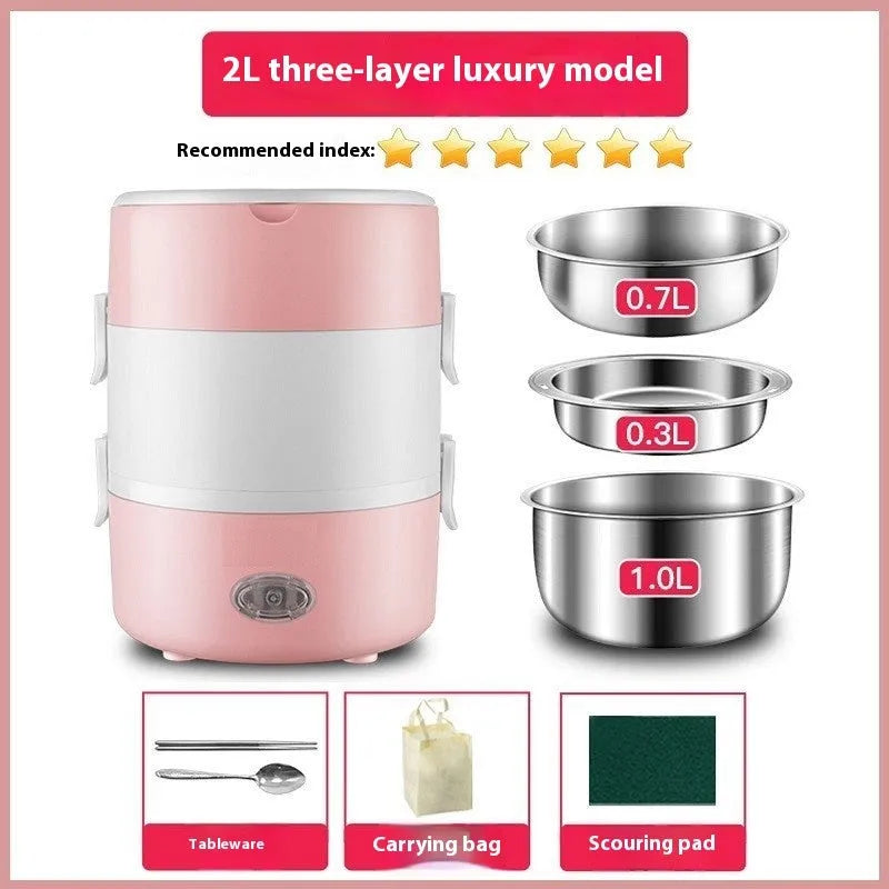 Portable plug-in insulated lunch box with stainless steel inner liner, double layer pink colour, and mains power cord