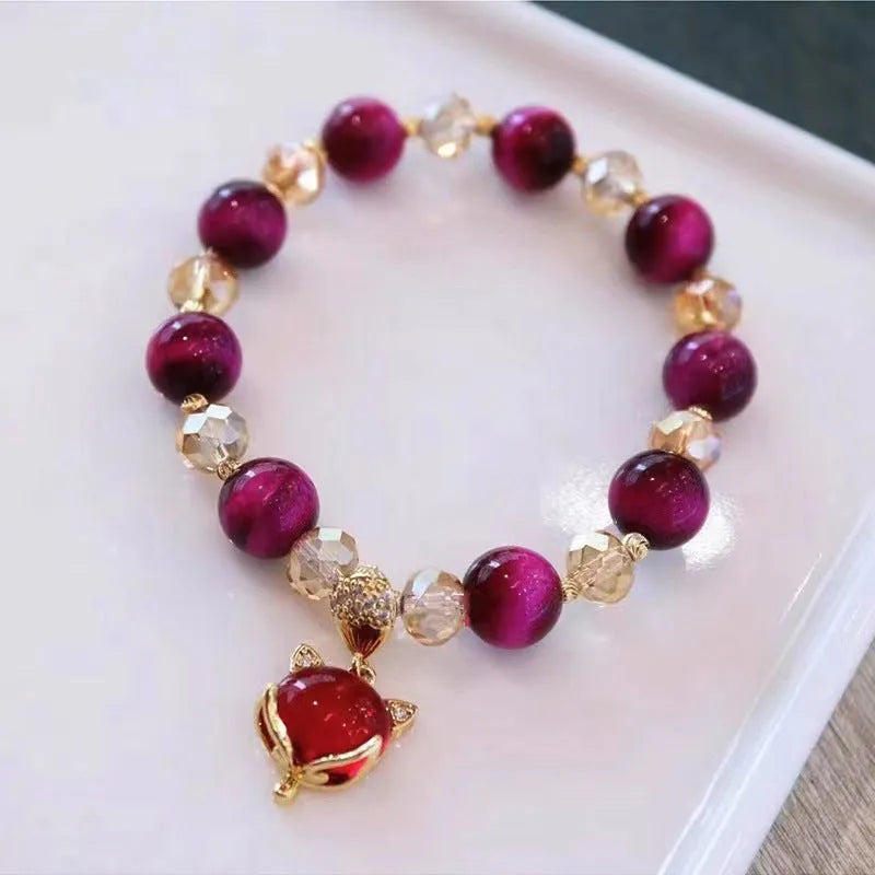 Handmade natural Tigereye stone bracelet with chain design in green or rose red colour options