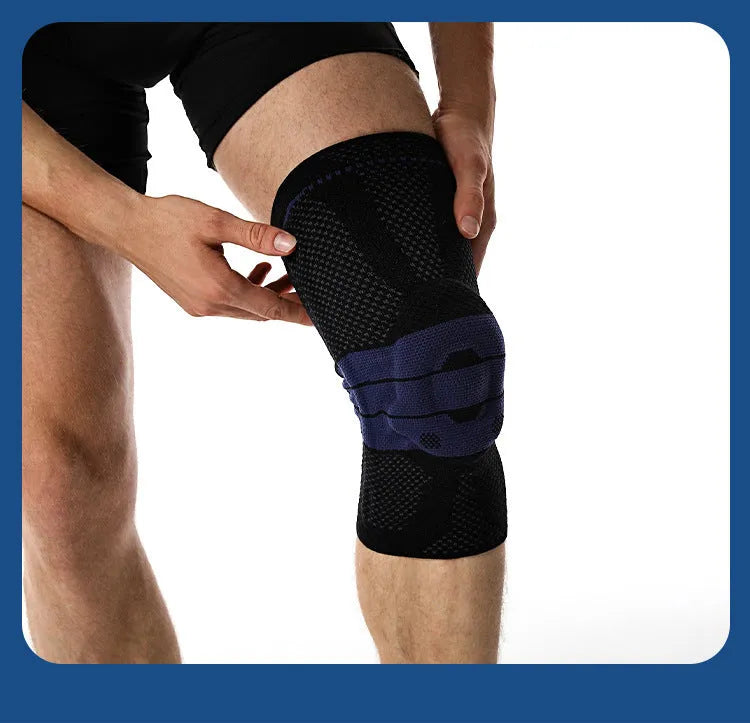 Adult black and blue nylon spandex knee pad for sports protection.