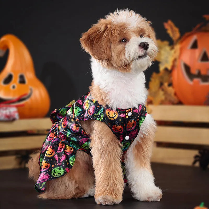 Angel wings Halloween dog costume in bright pumpkin or bat patterns available in four sizes