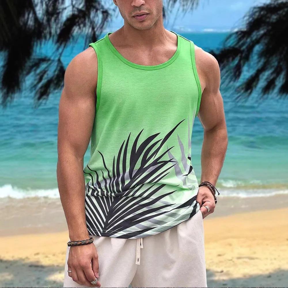 Men's Hawaiian style sleeveless tank top in polyester pinhole cloth showing solid colour option