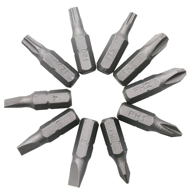 L-shaped socket wrench handle with ten different screwdriver bits arranged alongside