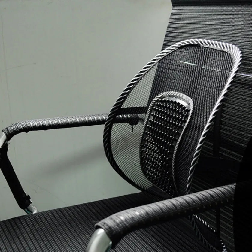 Black car lumbar support pillow with steel wire frame measuring 41x39cm