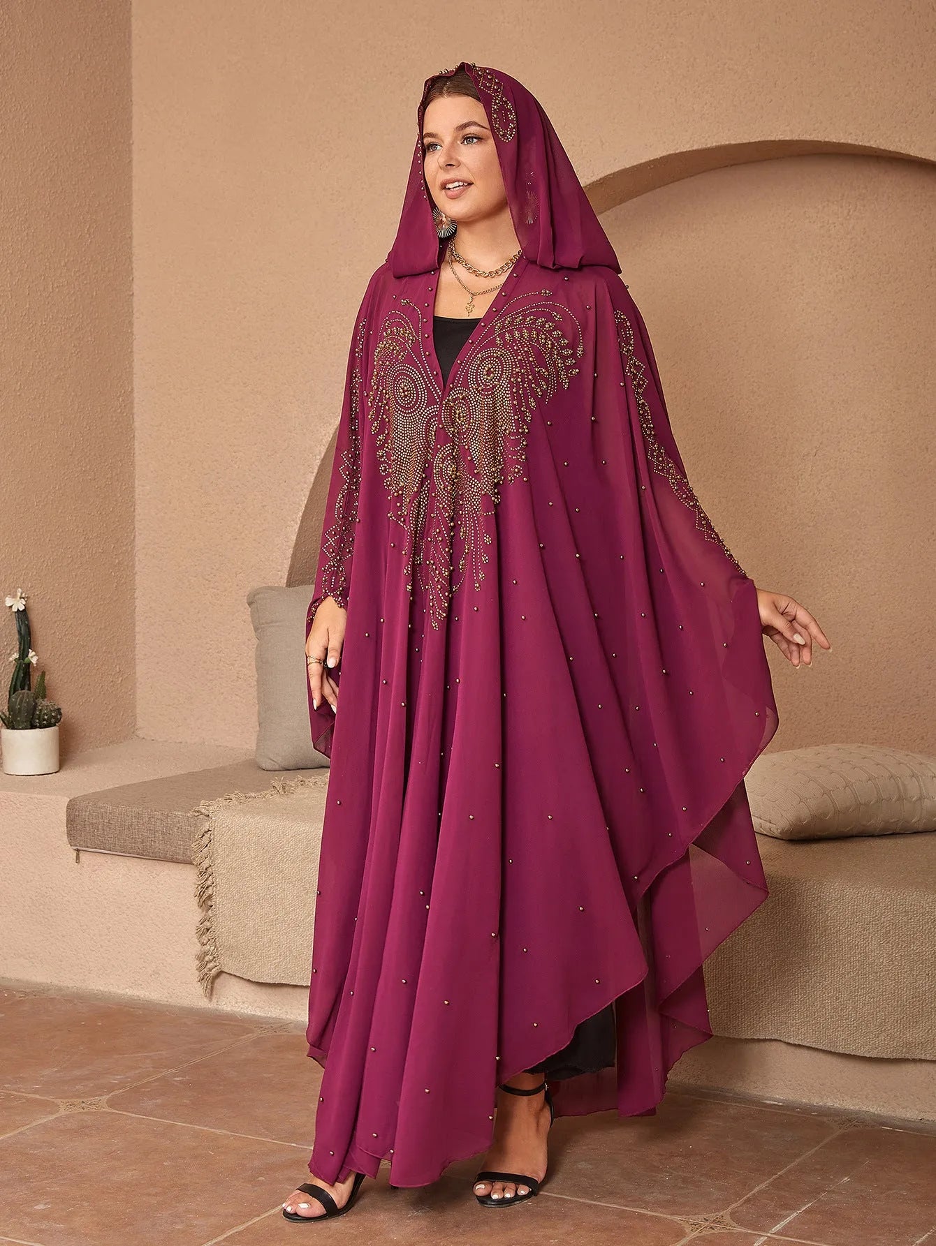Muslim style chiffon cape shawl with rhinestone beaded trim in various colours showing 135-175cm length