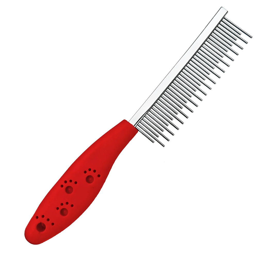 Red plastic handle pet grooming comb with stainless steel short and long teeth for dematting dogs and cats