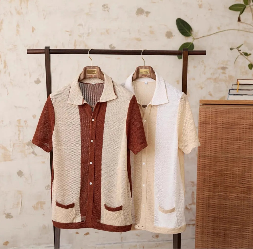 Beige lapel collar short sleeve cardigan made from cotton linen blend fabric
