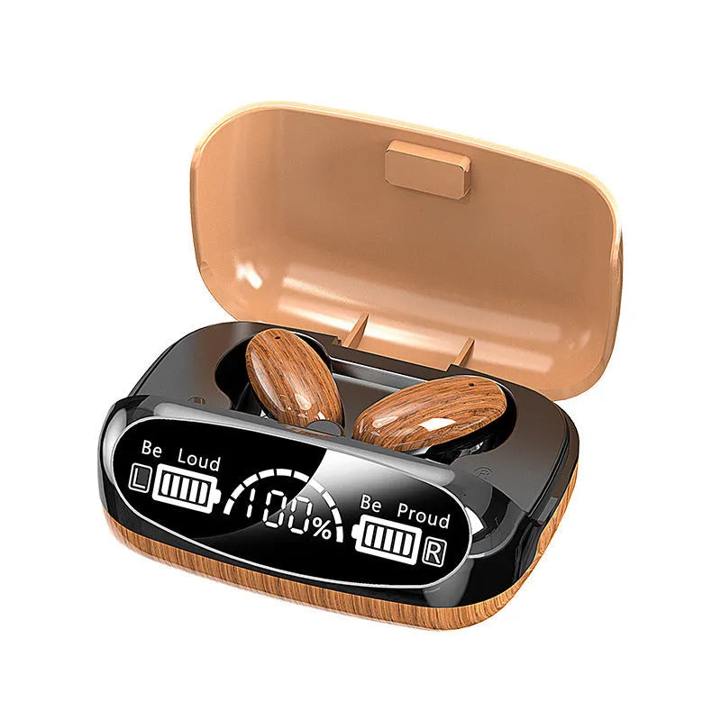 M35 wood grain Bluetooth headphones with charging case showing wood texture finish